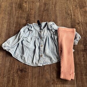 GAP Light Blue Denim Top with Pink Ribbed Leggings